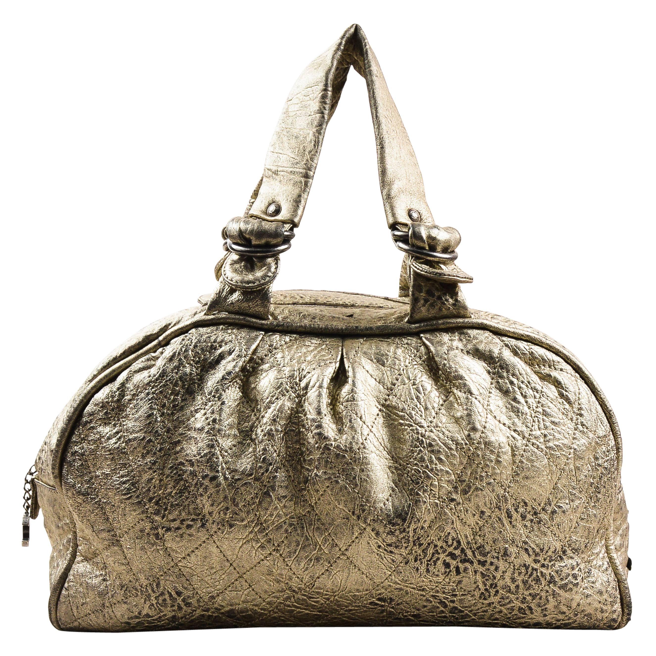 Chanel Distressed Metallic Silver Black Leather "Le Marais" Bowler Bag For Sale