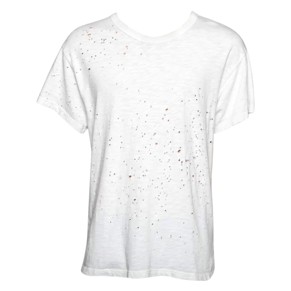Amiri White Distressed Cotton Crew Neck T Shirt S For Sale
