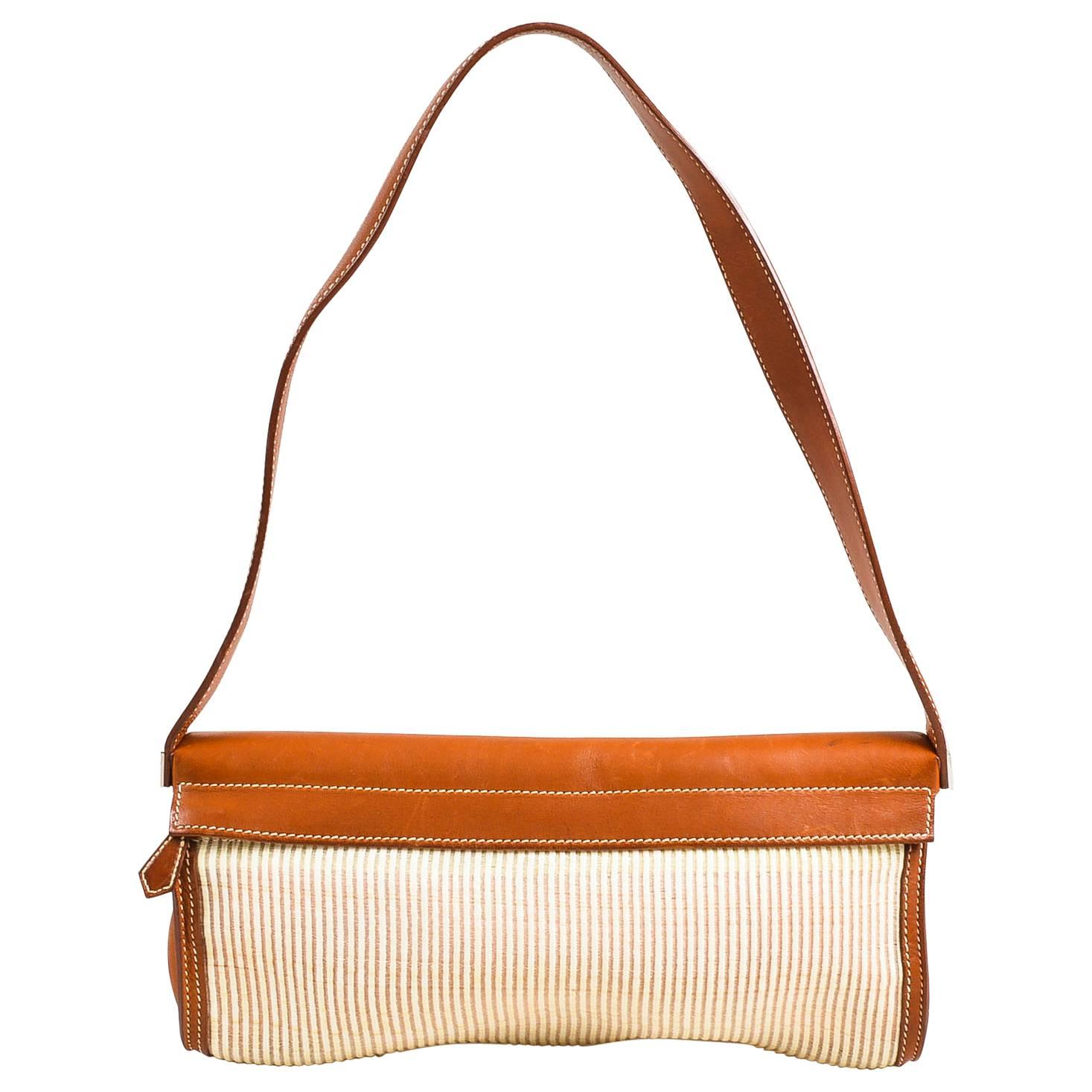 Hermes Brown Barenia Leather Cream Striped Crinoline "Yeoh" Bag