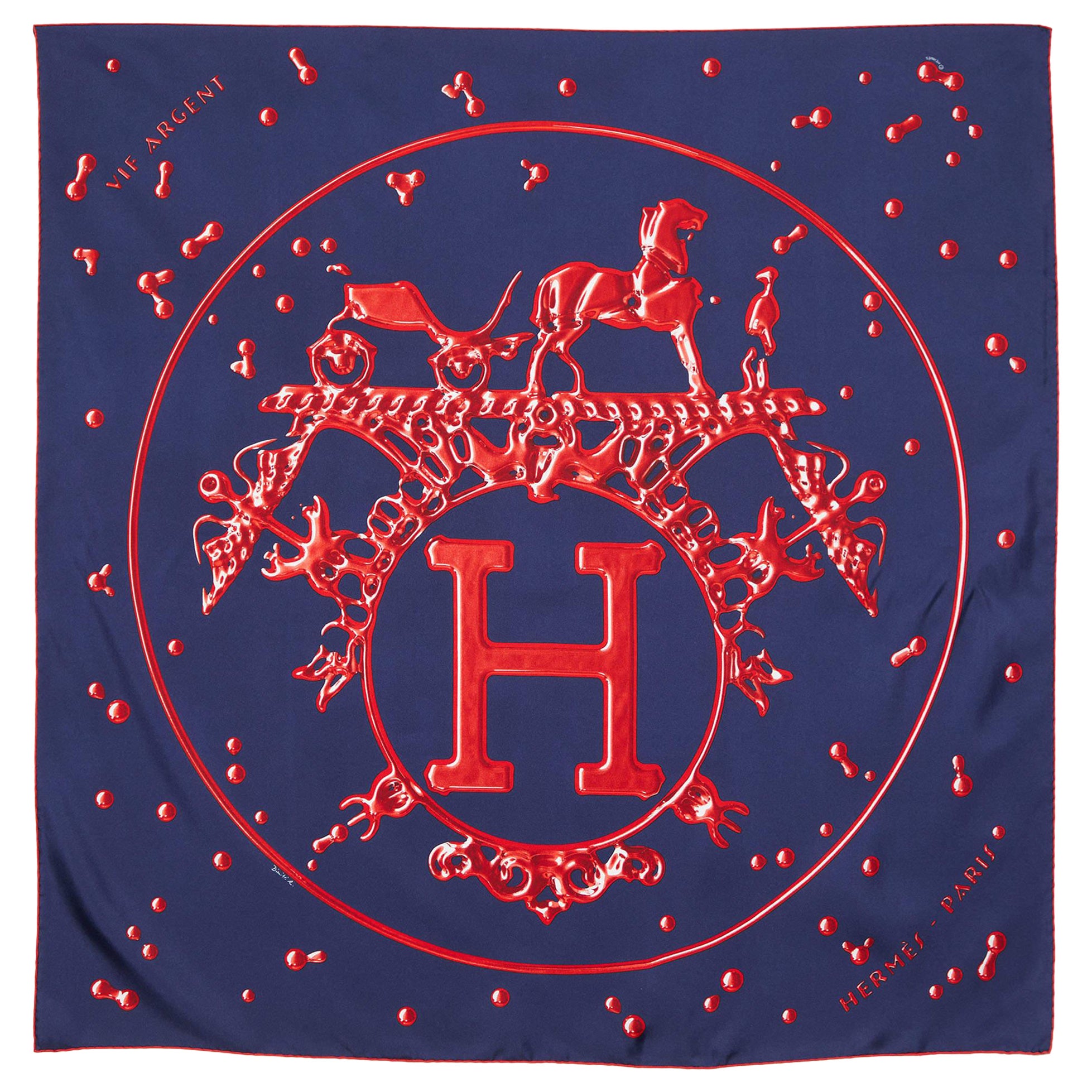 Hermes Navy Blue Vif Argent Printed Silk Square Scarf