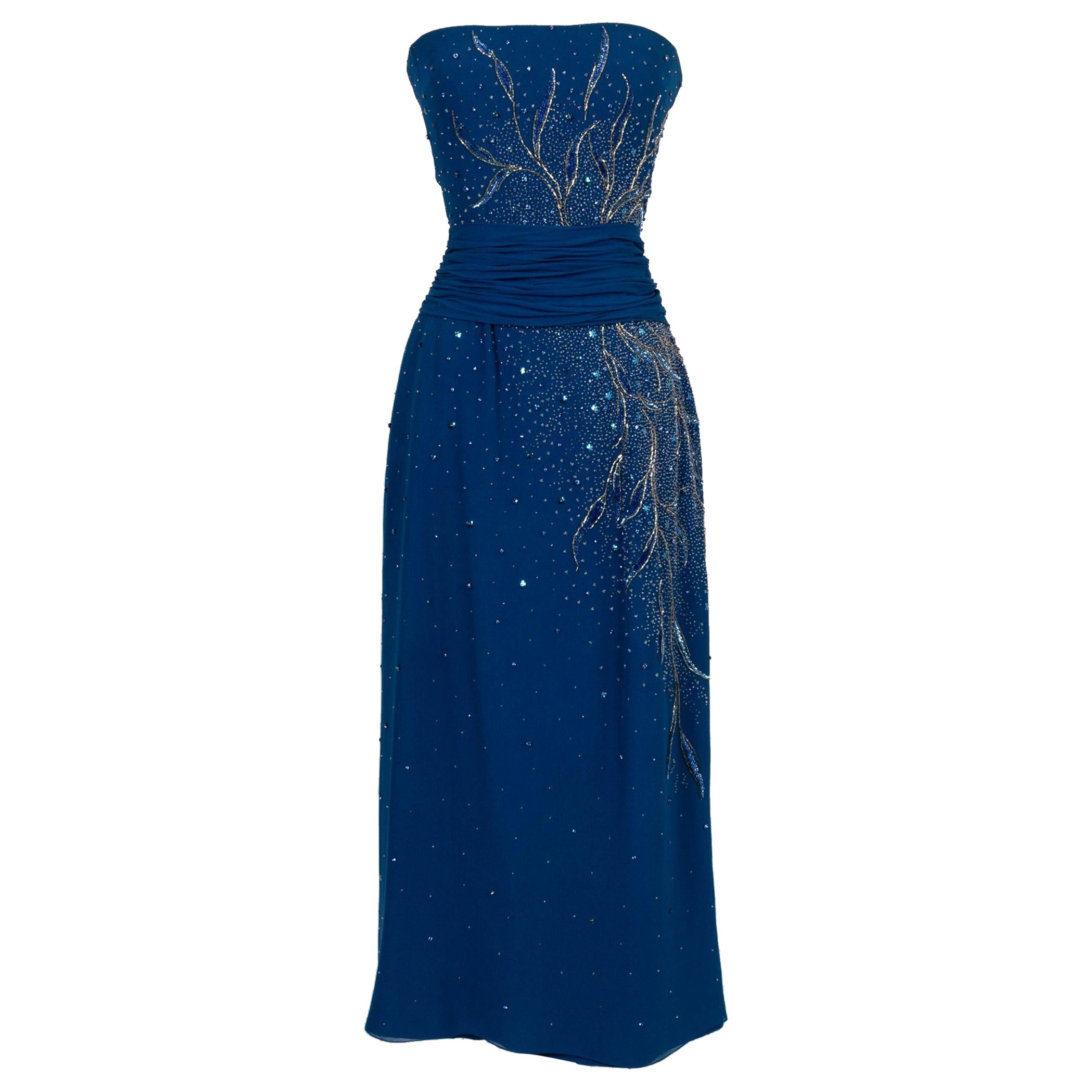 Jean-louis Scherrer Blue Crepe Strapless Dress Haute Couture 36FR For Sale