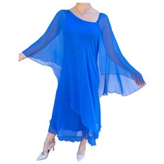 Vintage 1970s Halston Cerulean Blue Silk Chiffon Blue Size 6 / 8 70s Goddess Gown Dress