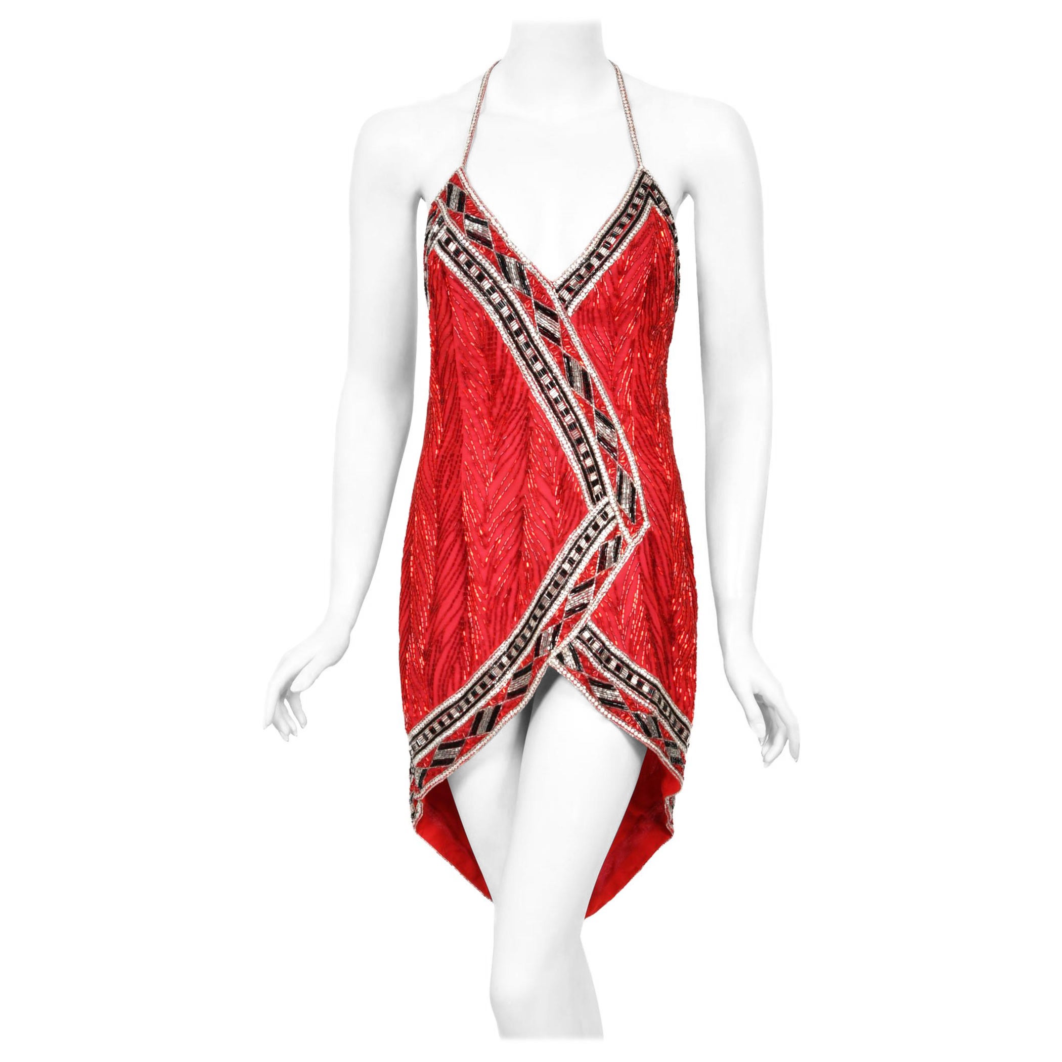 1984 Bob Mackie Documented Runway Fully Beaded Red Silk High-Low Mini Dress     For Sale