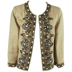 Oscar de la Renta Tan Linen Jacket with Wooden Beads- 8