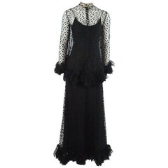 Alfred Bosand Black Point D-Esprit Gown and Cape with Ruffles - M - 1960's 