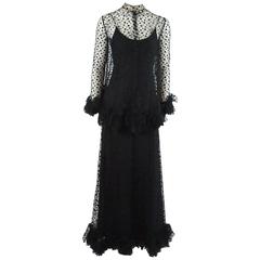 Vintage Alfred Bosand Black Point D-Esprit Gown and Cape with Ruffles - M - 1960's 