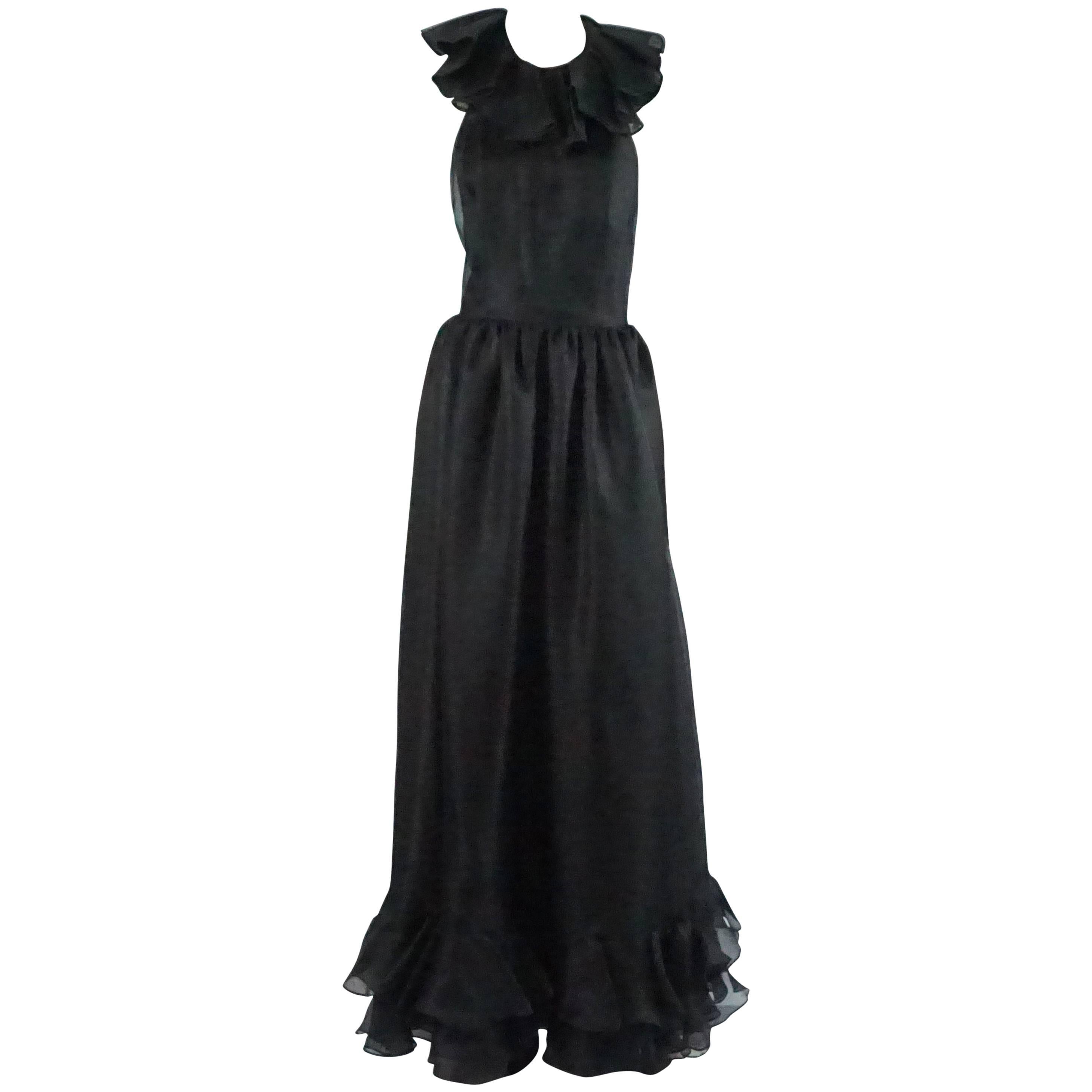 Oscar de la Renta Black Linen Halter Gown with Ruffles, 1990s  For Sale