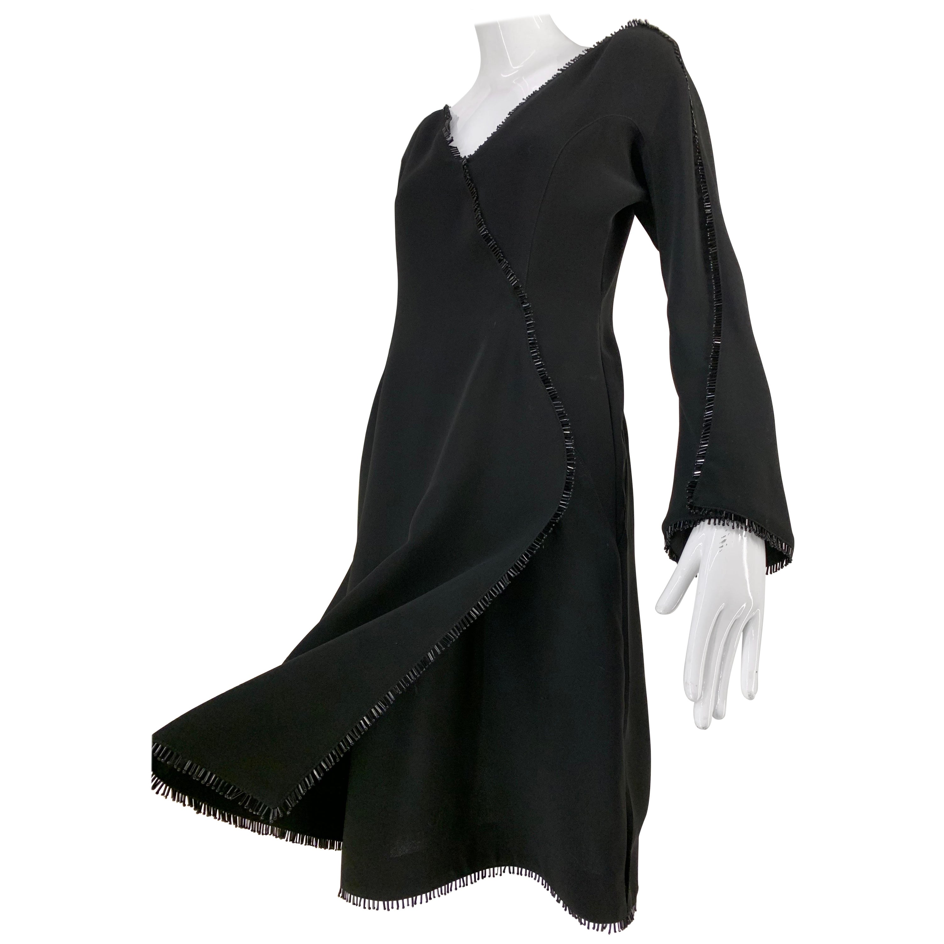 1990s Thierry Mugler Fit & Flare Wrap Style Black Cocktail Dress w Bead Fringe  For Sale