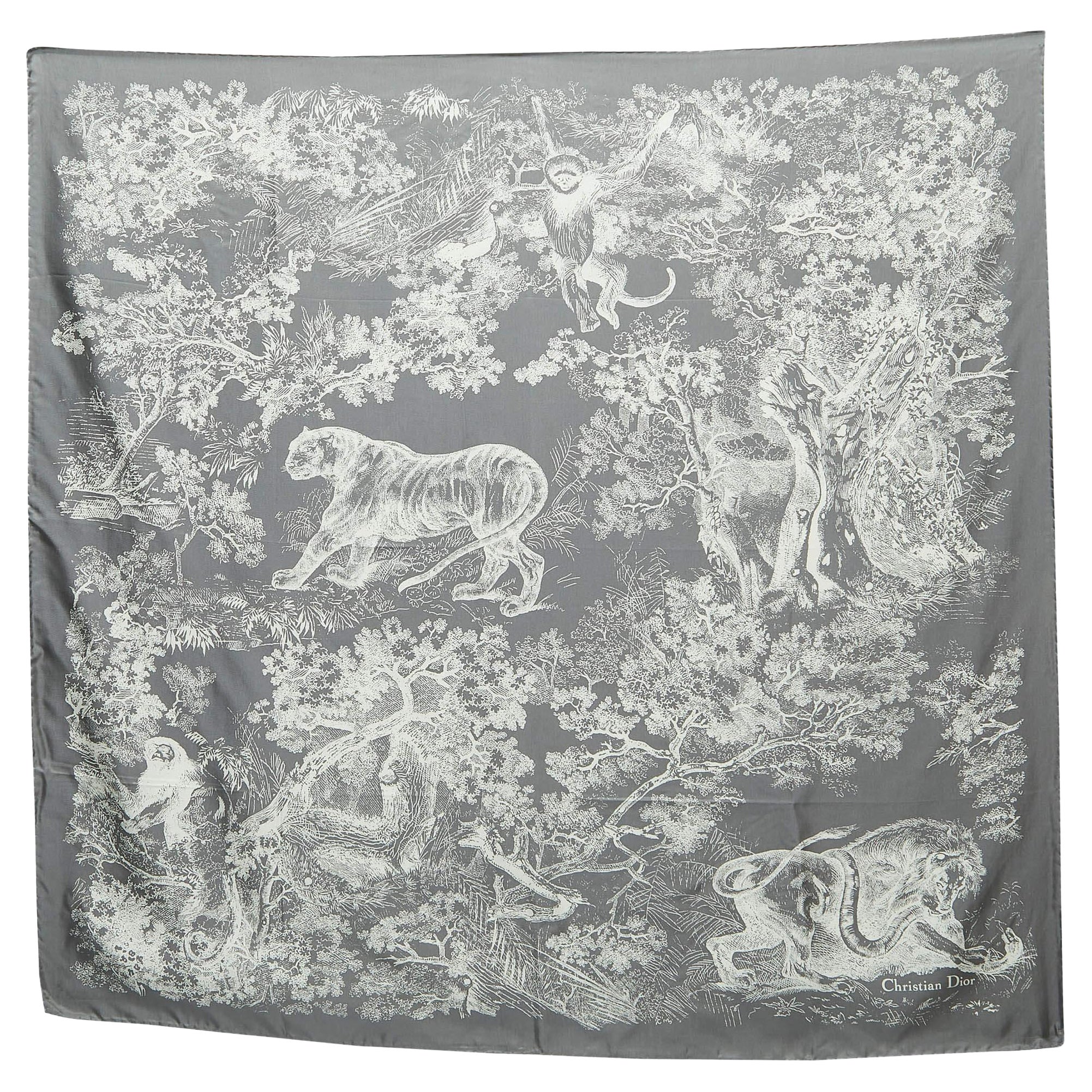 Dior Grey Silk Foulard Toile De Jouy Scarf