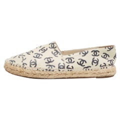 Chanel Cream/Black Leather CC Printed Espadrilles Size 38