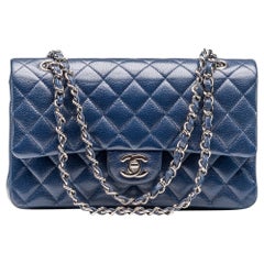 Vintage Chanel Classic Double Flap Bag Medium Caviar Navy Blue Silver Hardware