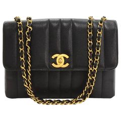 1990s Chanel Black Vertical Quilted Caviar Leather Vintage Classic Single Flap