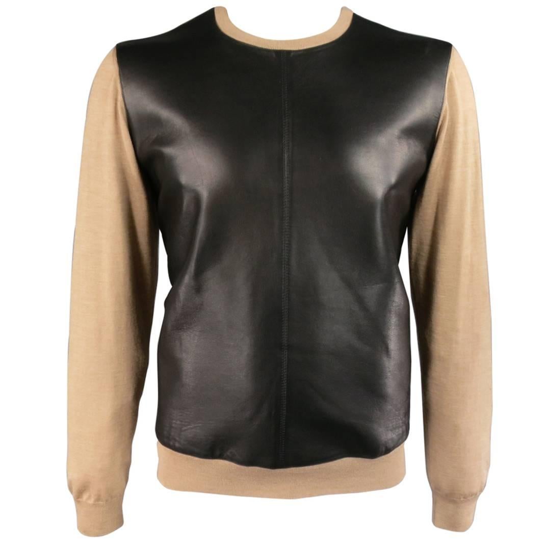 DSQUARED2 Size XL Tan Wool / Silk Black Leather Front Crewneck Pullover Sweater