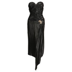 1980's LORIS AZZARO metallic black ruched dress with beaded waist embellishment