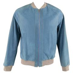 Men's BALENCIAGA 42 Light Teal Blue Leather Gray Cuff Bomber Jacket