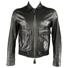 Men's BURBERRY LONDON 40 Black Leather Pointed Collar Patch Pocket Bomber Jacket