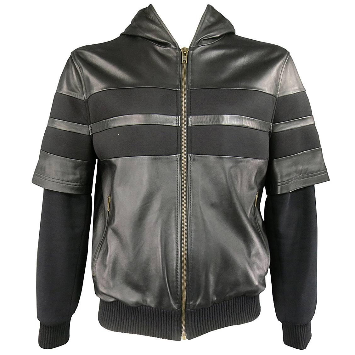 Men's GIVENCHY 42 Black Neoprene & Leather Short Sleeve Layered Hoodie