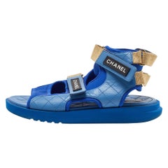 Chanel Blue Quilted Leather and Neoprene CC Ankle Strap Flat Sandals Size 39