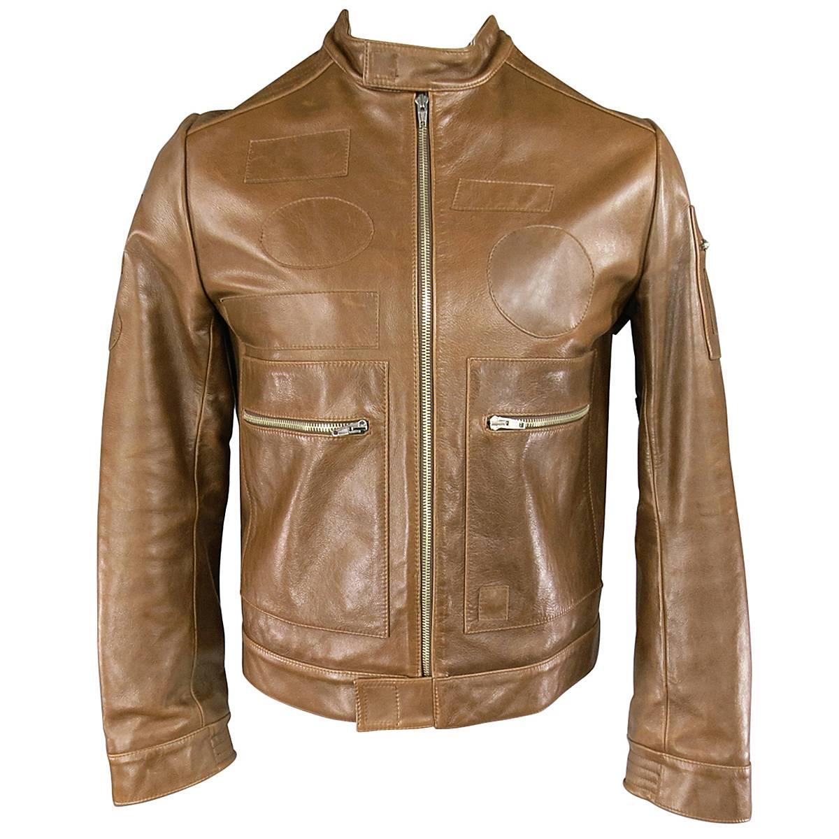 Men's VERONIQUE BRANQUINHO 40 Light Brown Leather Blank Patch Moto Jacket