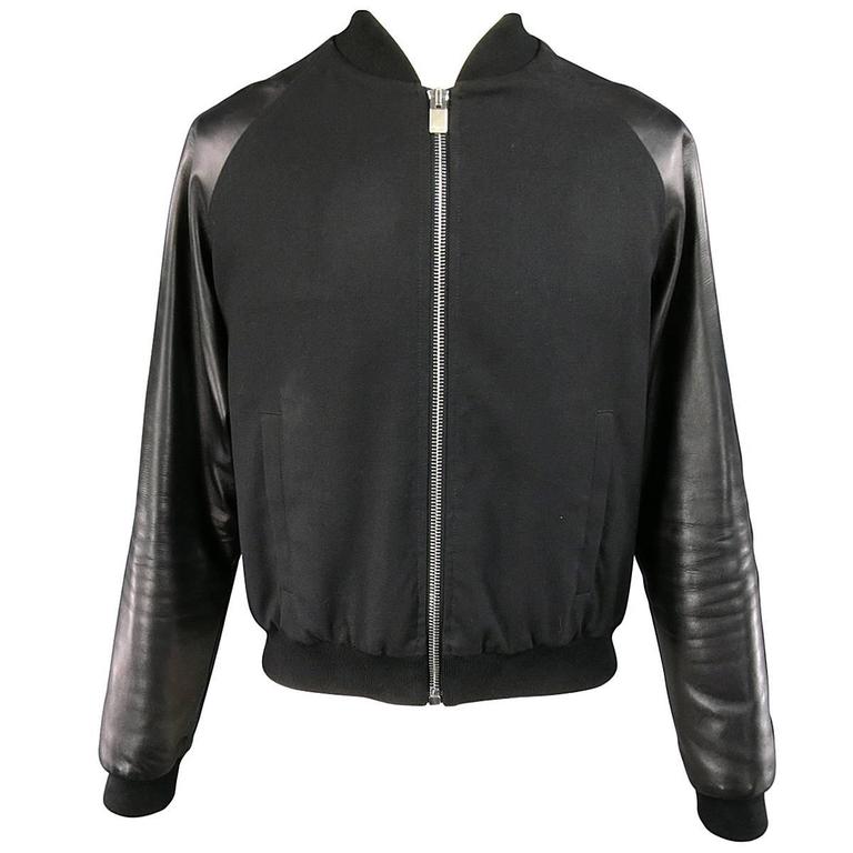Men's SAINT LAURENT 40 Black Leather Raglan Sleeve Varsity Bomber