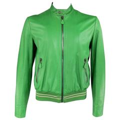 Men's BOTTEGA VENETA 40 Green Leather Motorcycle Bomber Jacket