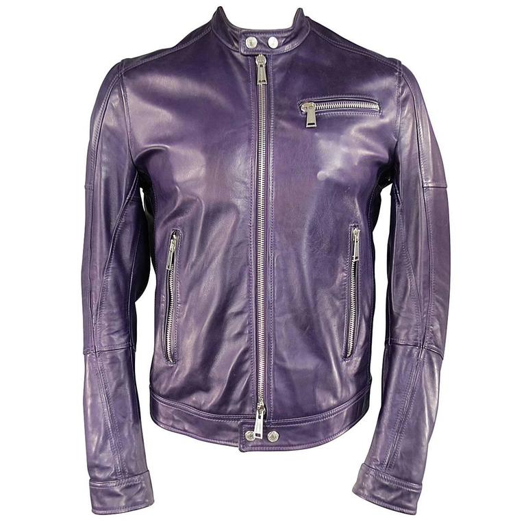 Mens Dsquared2 42 Purple Leather Snap Collar Zip Motorcycle Jacket At 