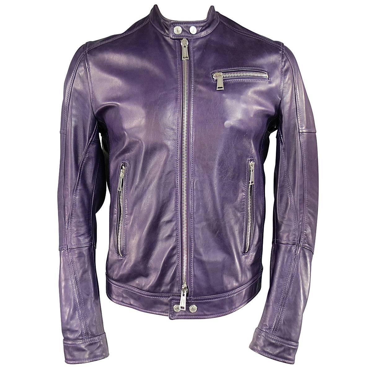 Men's DSQUARED2 42 Purple Leather Snap Collar Zip Motorcycle Jacket