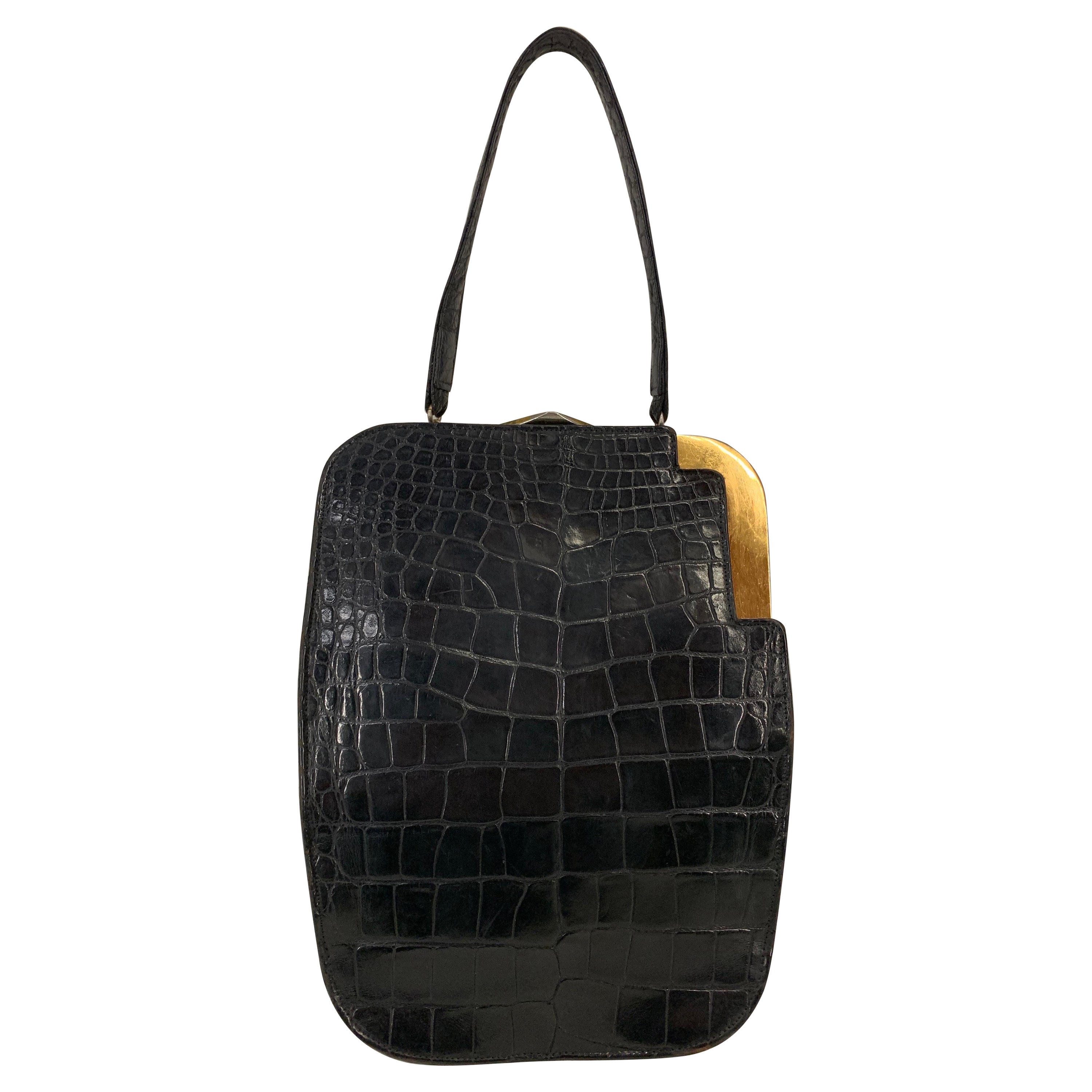 1950s Koret Genuine Black Alligator Handbag w Rare & Unusual Asymmetric Closure