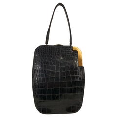 Retro 1950s Koret Genuine Black Alligator Handbag w Rare & Unusual Asymmetric Closure