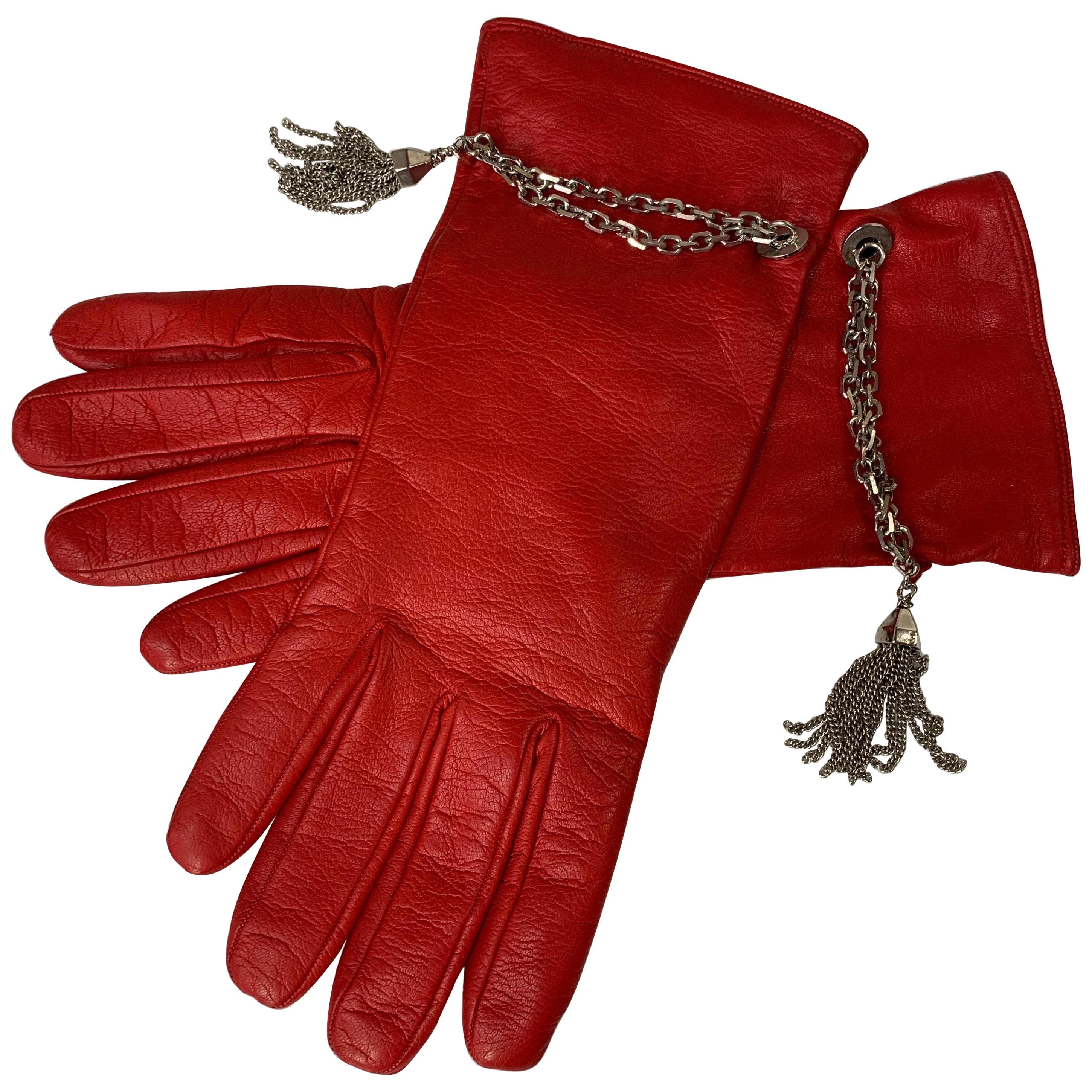 1980er Gianni Versace Rote Kid Lederhandschuhe mit Kaschmirfutter und Quastenkette und Quaste  im Angebot