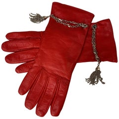 1980s Gianni Versace Red Kid Leather Gloves w Cashmere Lining & Tassel Chain 