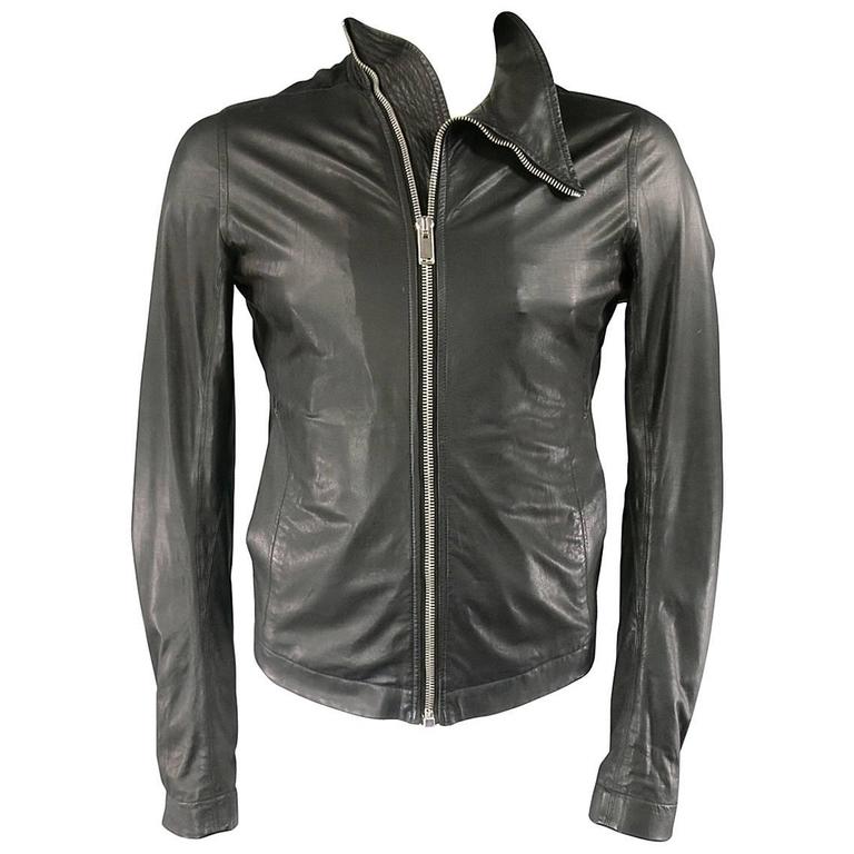 Men's RICK OWENS 38 Black Soft Leather Asymmetrical Zip High Collar Moto  Jacket