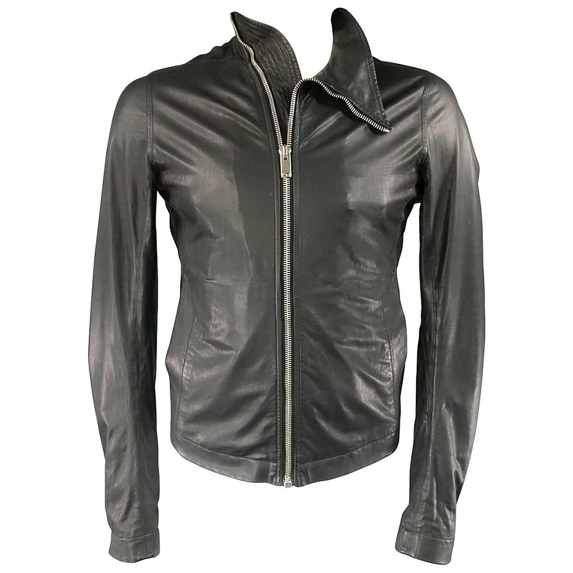 Men's RICK OWENS 38 Black Soft Leather Asymmetrical Zip High Collar Moto Jacket