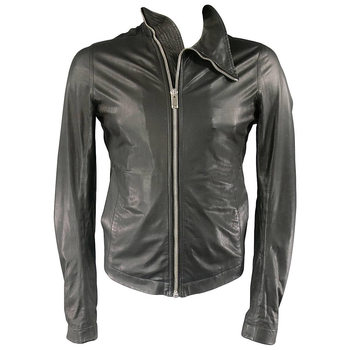 Men's RICK OWENS 38 Black Soft Leather Asymmetrical Zip High Collar Moto Jacket