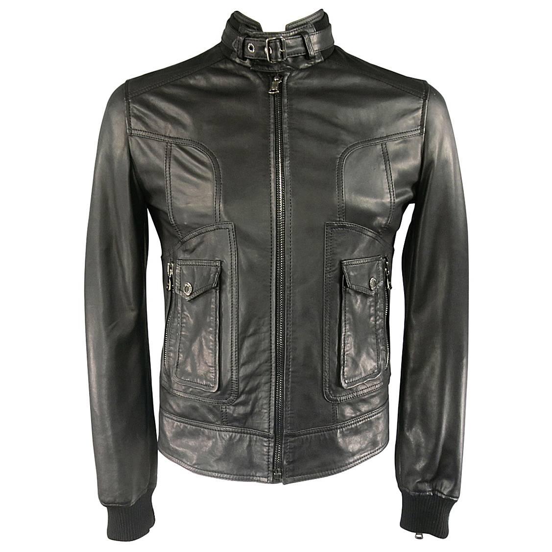 Men's D&G by DOLCE & GABBANA 36 Black Leather Belted Collar Moto Jacket