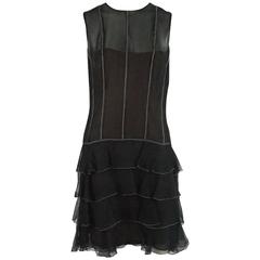 Oscar de la Renta Black Silk Chiffon Dress with White Stitching - 12