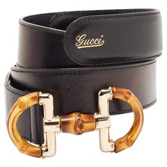 Gucci Black Leather Bamboo Horsebit Buckle Belt 90CM