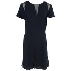 Oscar de la Renta Navy Wool Dress with Mesh Cutouts - 12 at 1stDibs