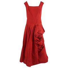 Oscar de la Renta Red Silk Taffeta Gown with Rose Ruched Front - 12