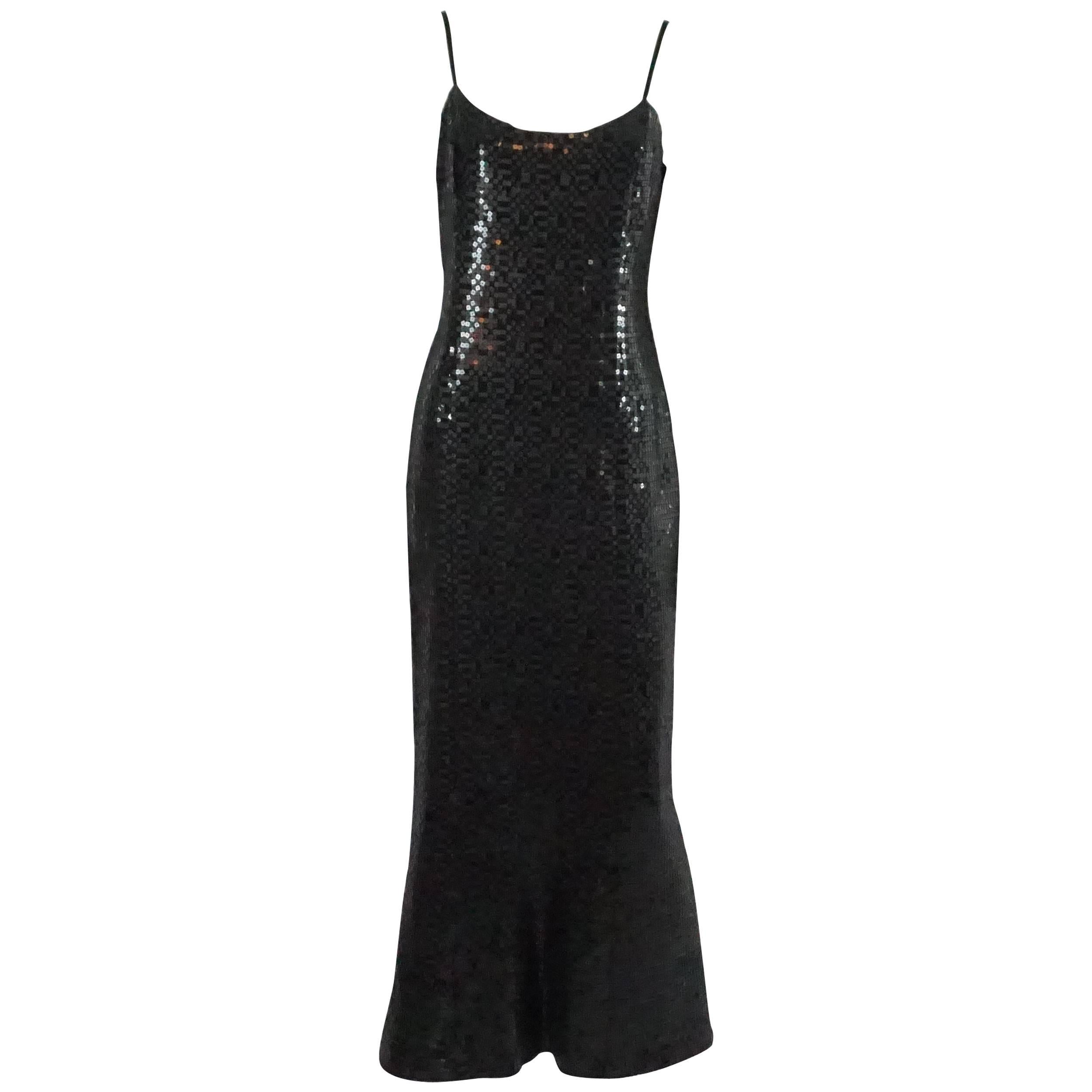 Chanel Black Sequin Spaghetti Strap Gown - 42 - 02A