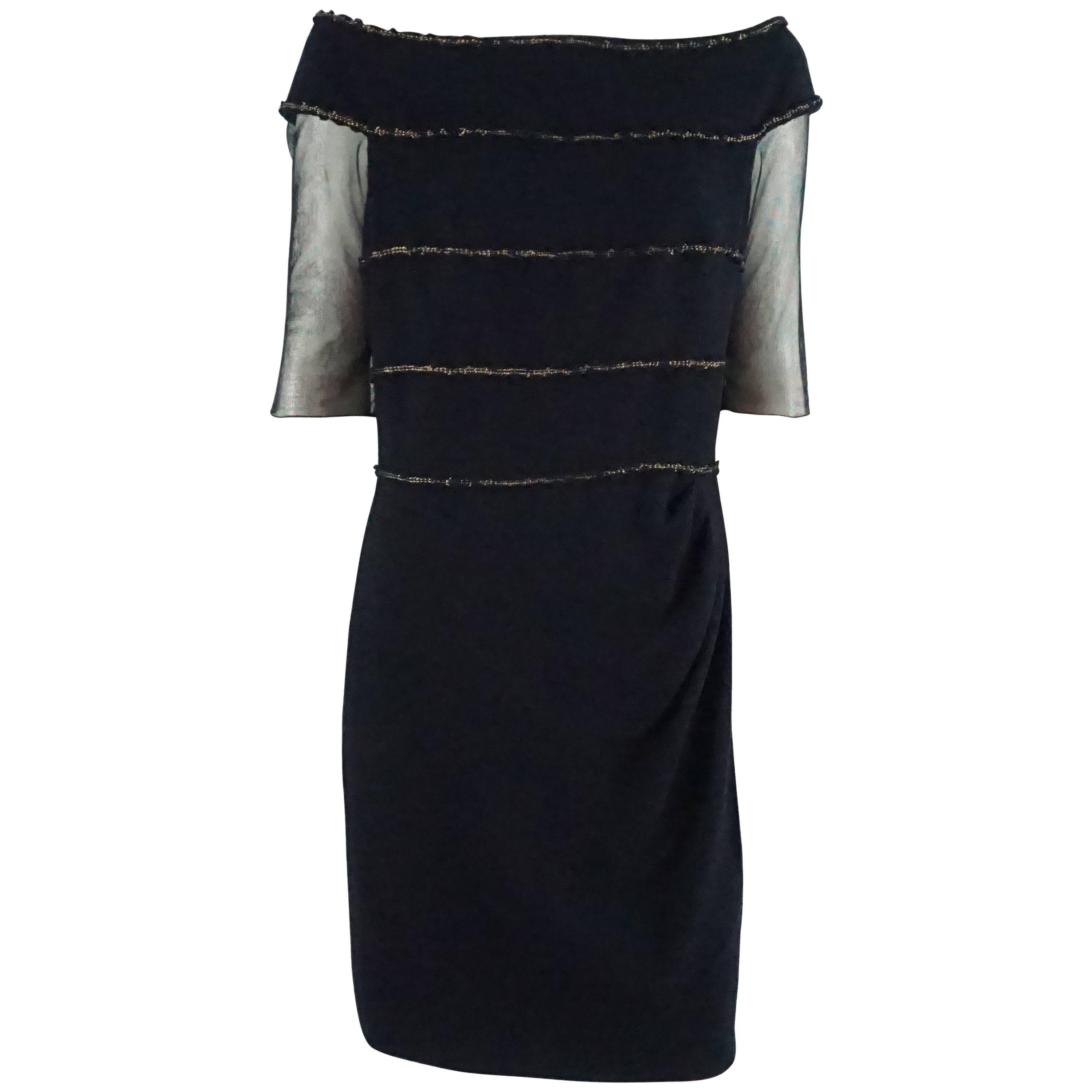 Chanel Navy Wool Dress with Mesh Sleeves - 42
