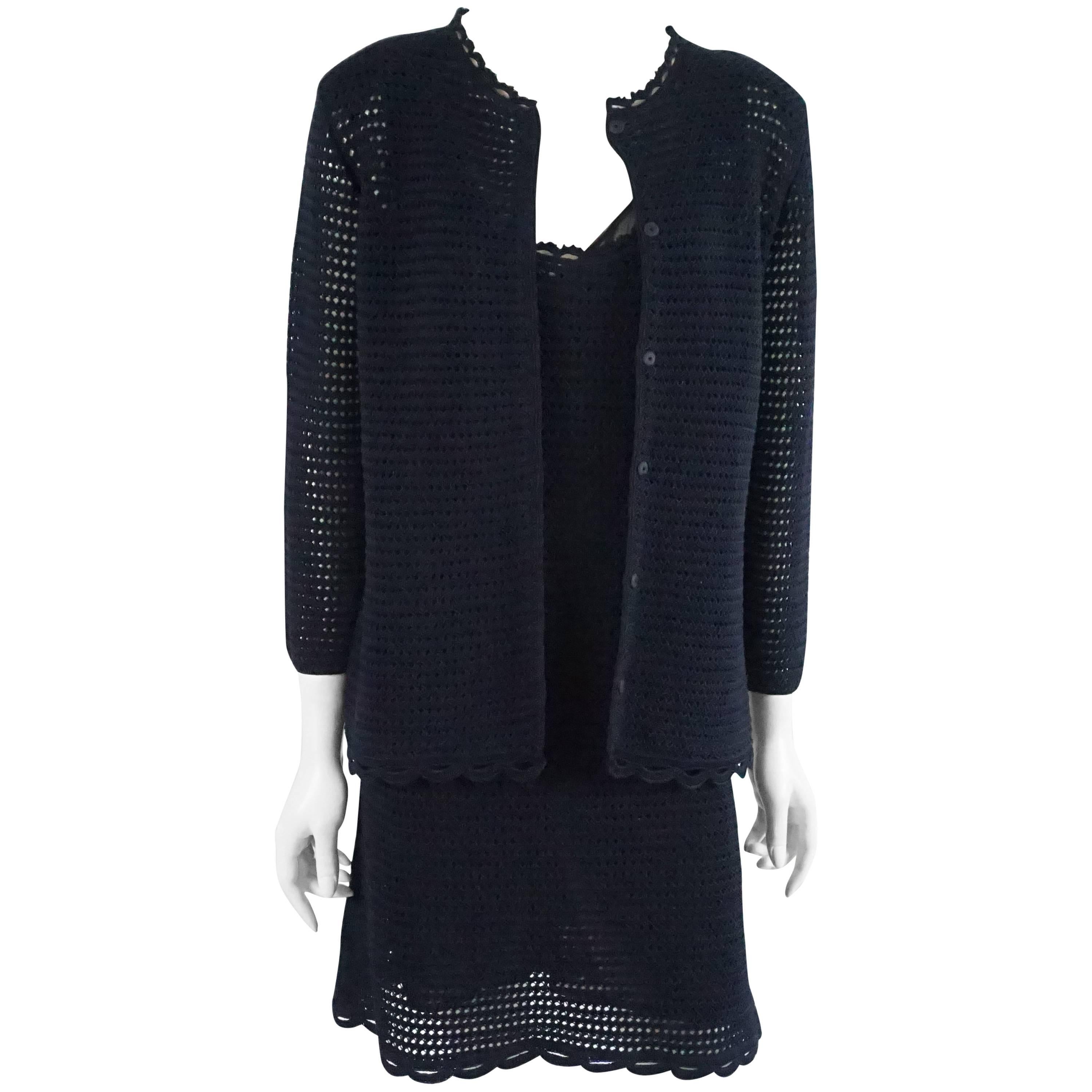 Prada Navy Crochet Knit Dress and Cardigan Set - 44