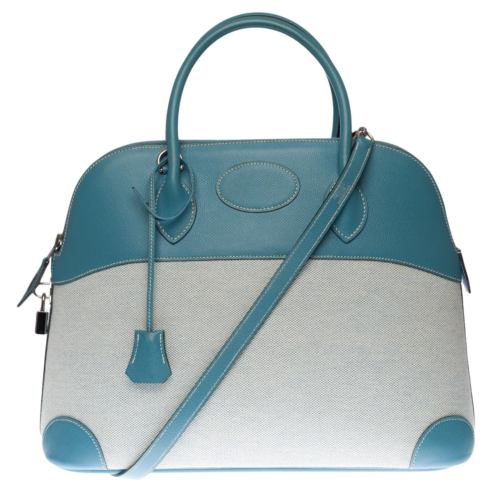 Hermes Bolide strap shoulder bag in blue jean epsom leather & white canvas, SHW For Sale