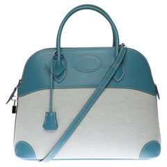Hermes Bolide strap shoulder bag in blue jean epsom leather & white canvas, SHW