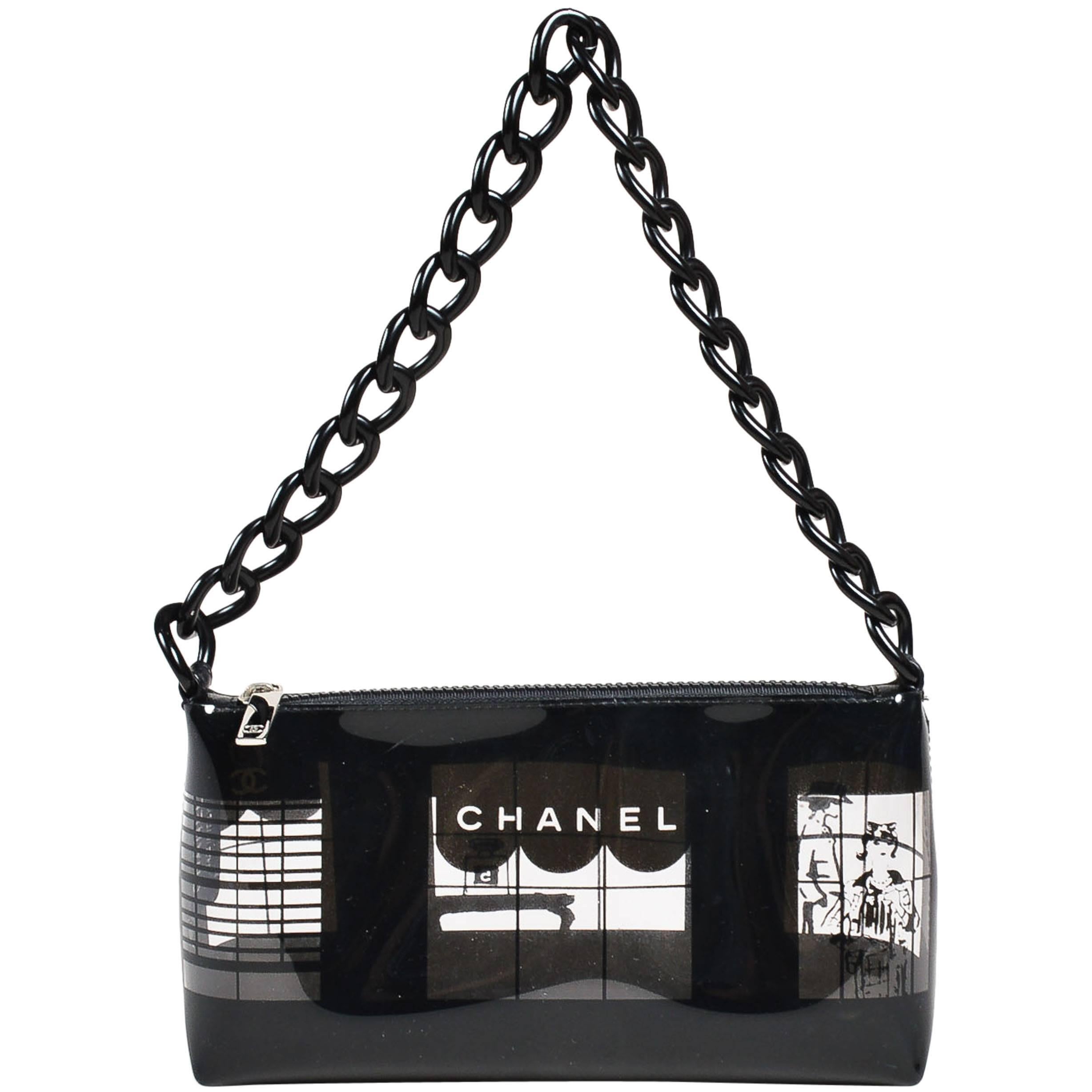 Chanel 03P Clear Black Vinyl Coco Window Pane Acrylic Chain Strap Shoulder Bag For Sale