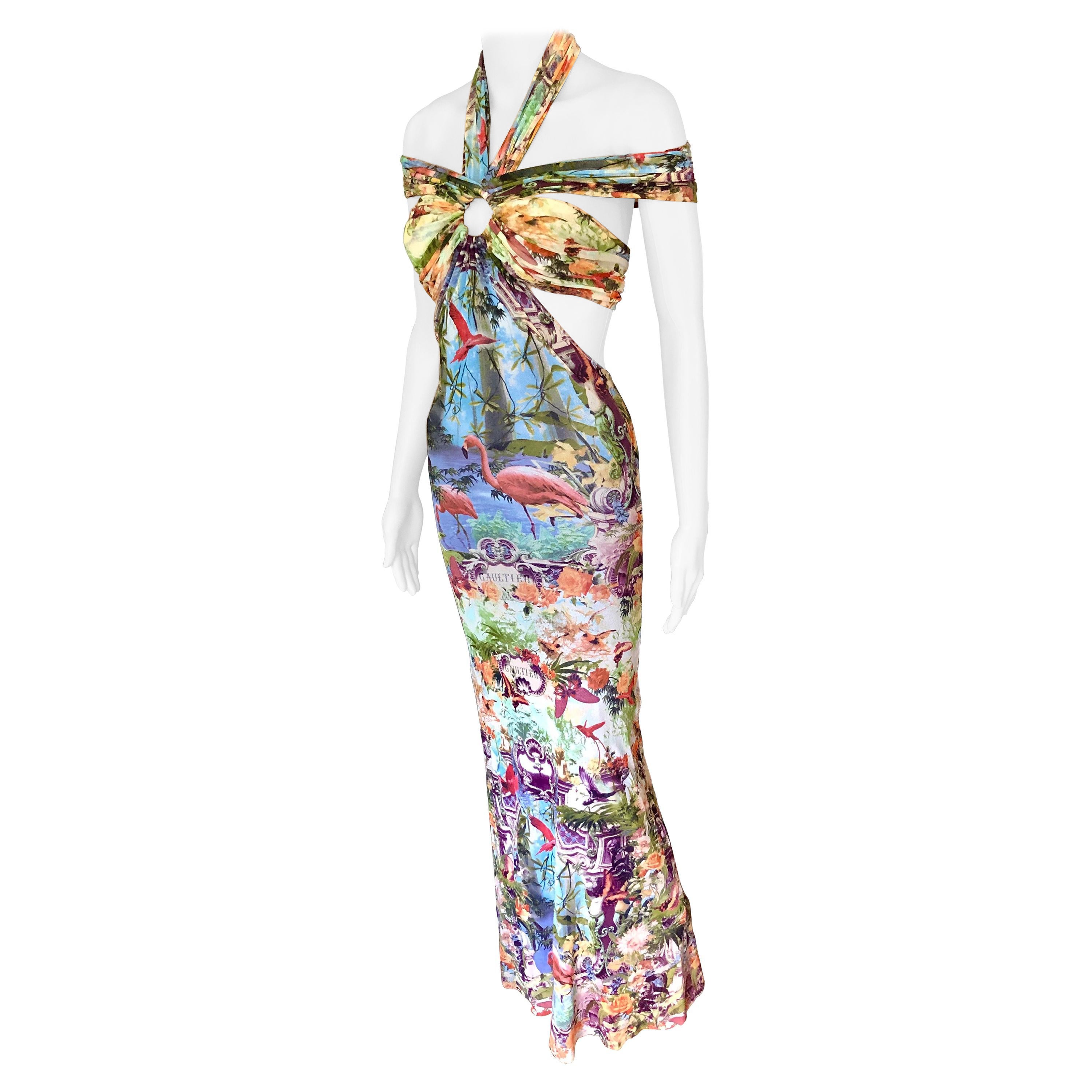 Jean Paul Gaultier Soleil S/S1999 Flamingo Tropical Print Cutout Mesh Maxi Dress For Sale