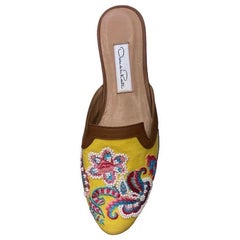 1990er OSCAR DE LA RENTA Gelbes & perlenbesetztes florales Muster Leder-Slip-On-Schuhe De