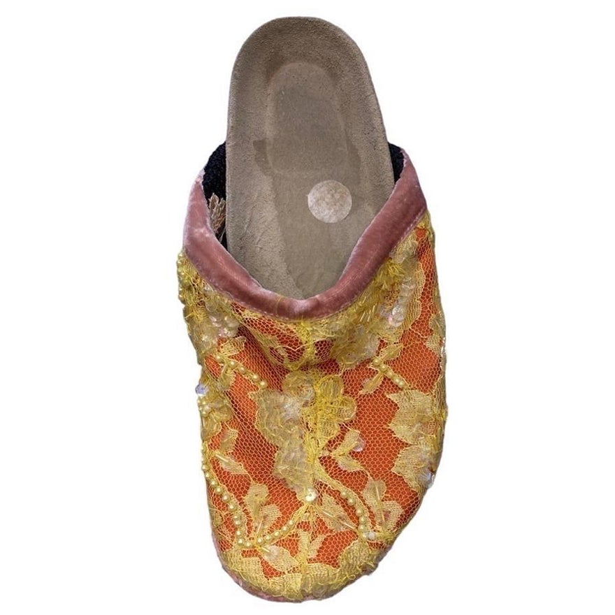 1990S VOYAGE Orange & Yellow Silk Lace Slip On Shoes For Sale