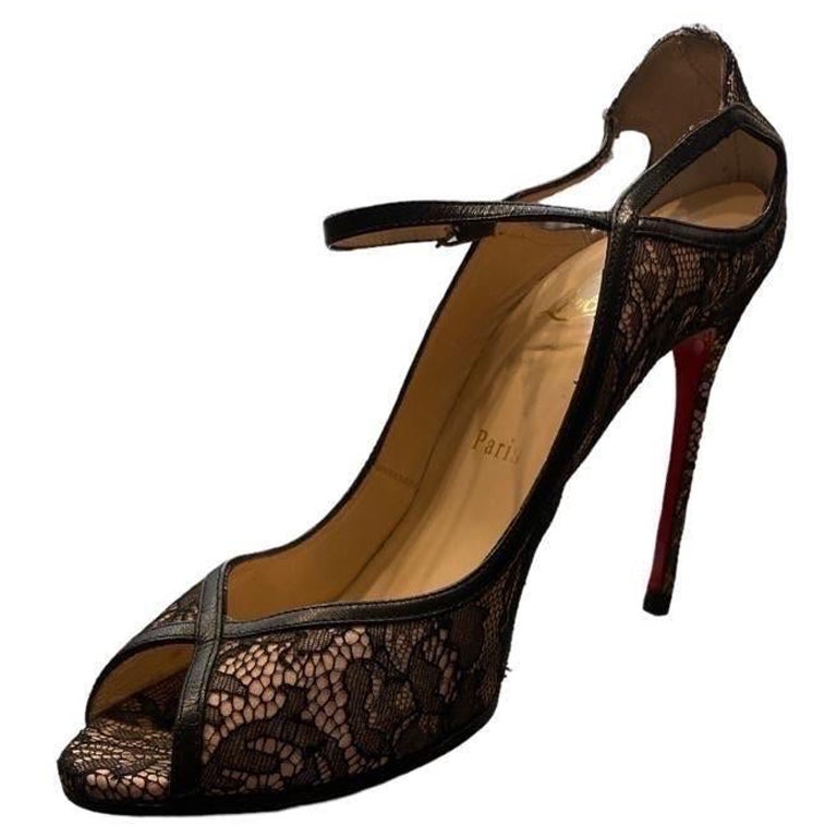 2000S CHRISTIAN LOUBOUTIN Black & Pink Chantilly Lace Shoes For Sale