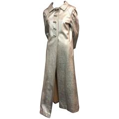 1960s Saks Fifth Avenue Silver Vinyl Maxi Coat with Rhinestone Buttons